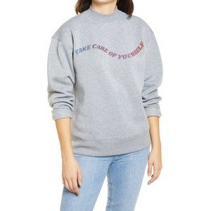 NWT BP Women SZ XS Mock Neck Graphic Print Sweatshirt Take Care of Yourself Gray